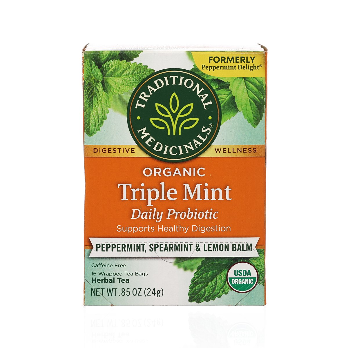 Organic Triple Mint daily probiotic herbal tea bag box with peppermint, spearmint & lemon balm