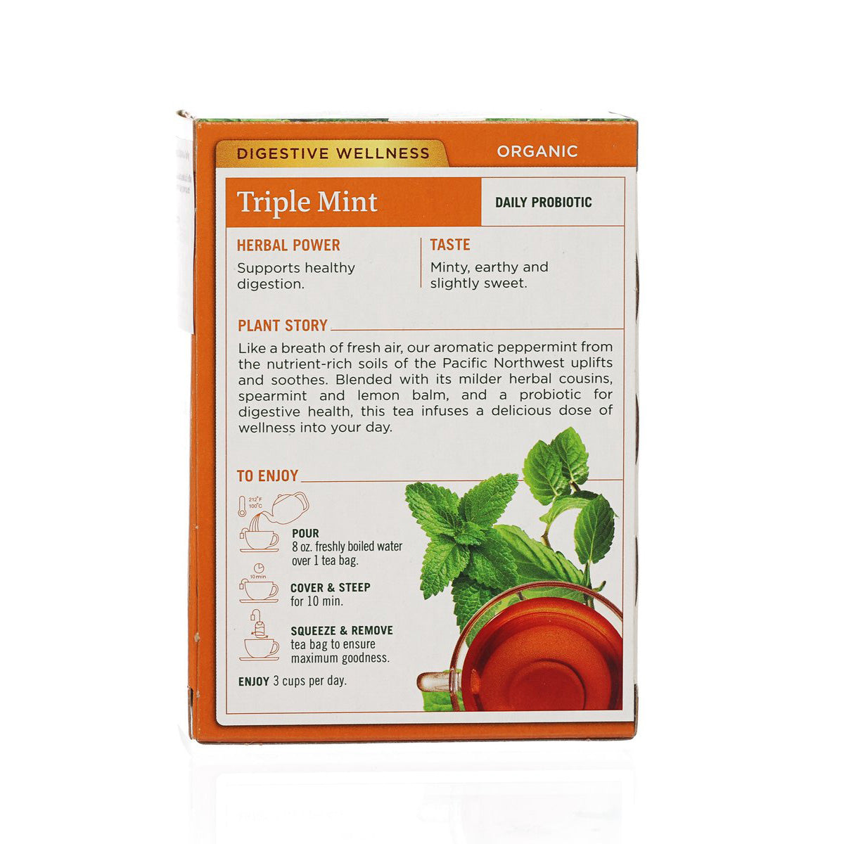 Organic Triple Mint herbal tea bag box with plant story and brewing directions panel