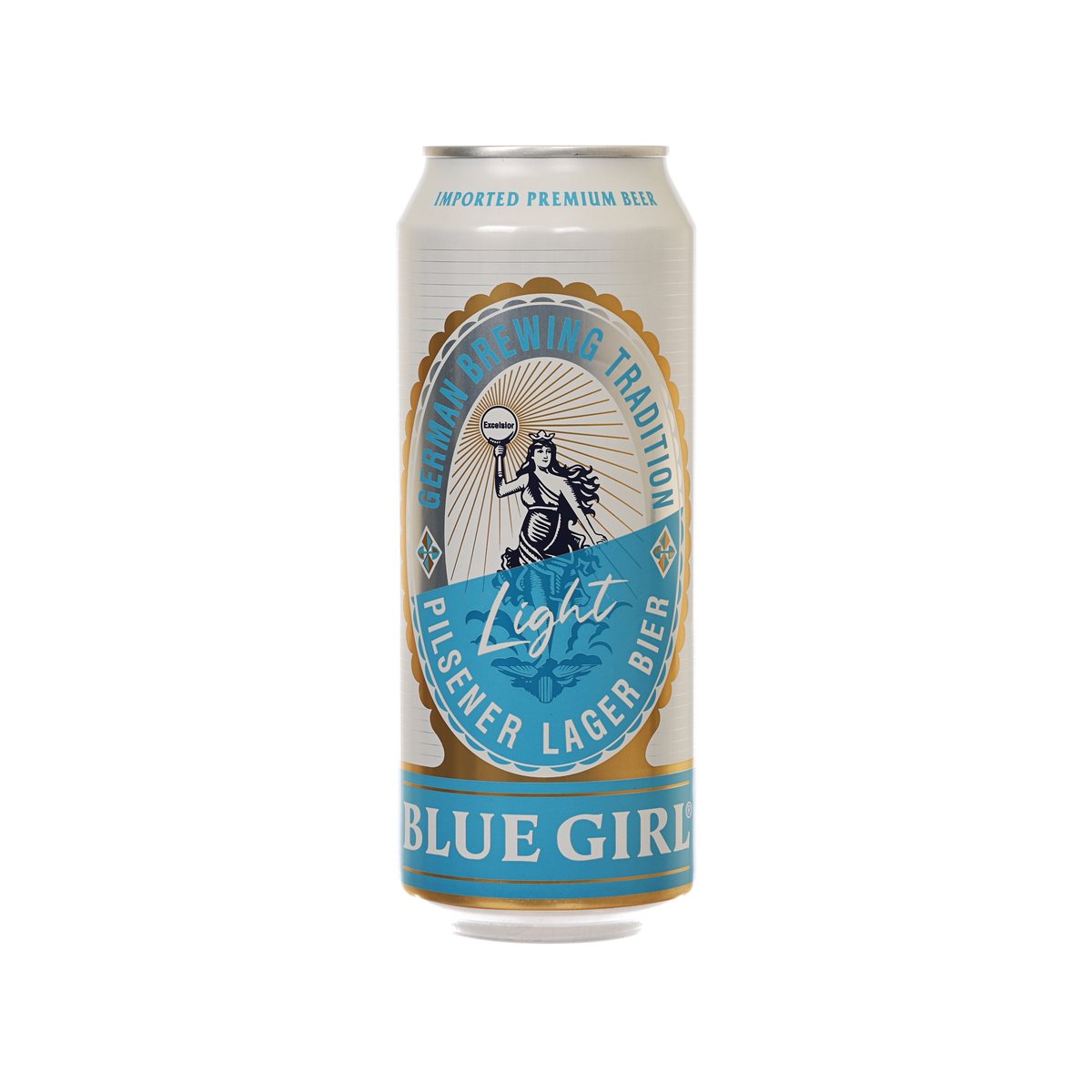 Blue Girl light pilsner lager beer can with blue and gold label