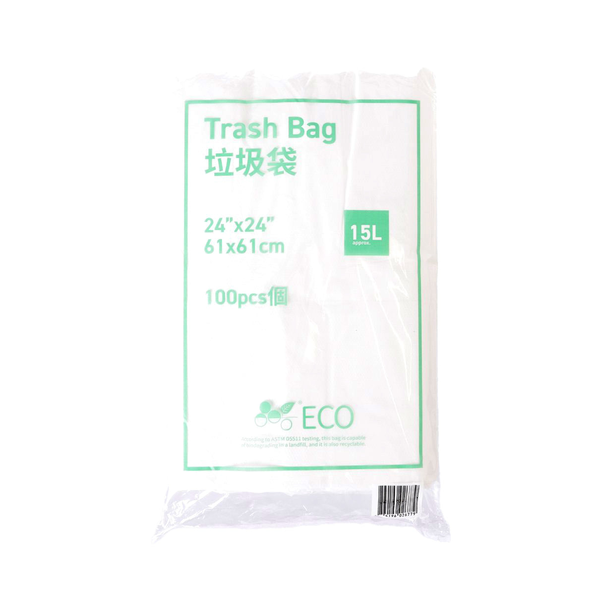 15L eco trash bags, 24x24 in, 100-count, HDPE+ECO pack