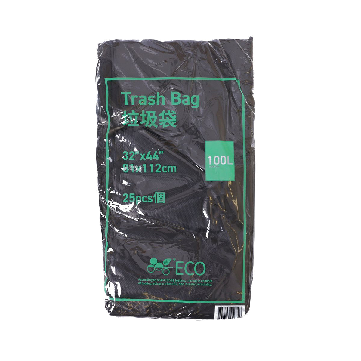 100L HDPE+ECO trash bag pack, black, 32x44 in, 25 count