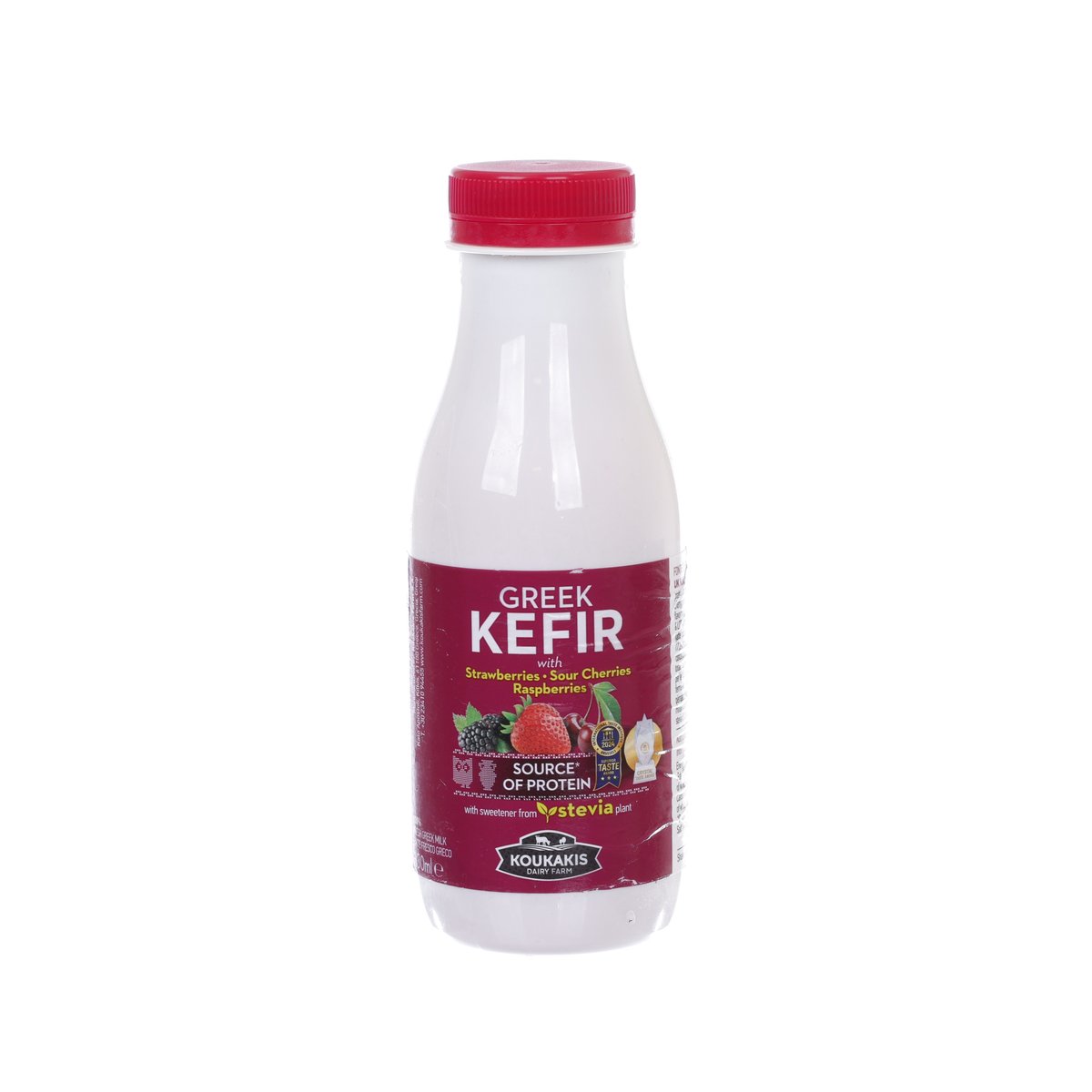 KOUKAKIS Greek kefir bottle with red cap, strawberry sour cherry raspberry, 330 mL