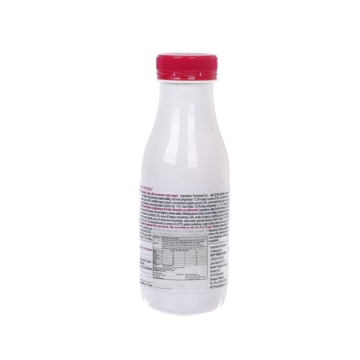 KOUKAKIS Greek kefir bottle with red cap, nutrition info panel, 330 mL