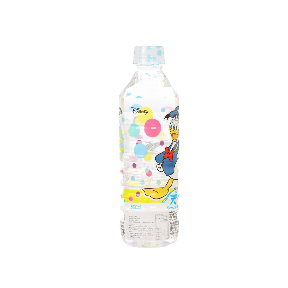 500 mL natural mineral water bottle with back label and cartoon character artwork