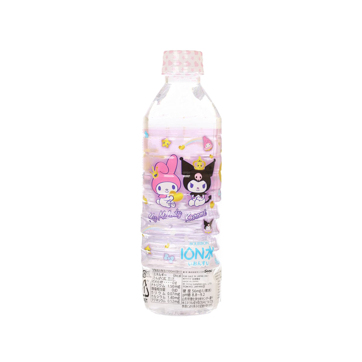 BOURBON Sanrio character ion water bottle, 500 mL, pink cap, front illustration
