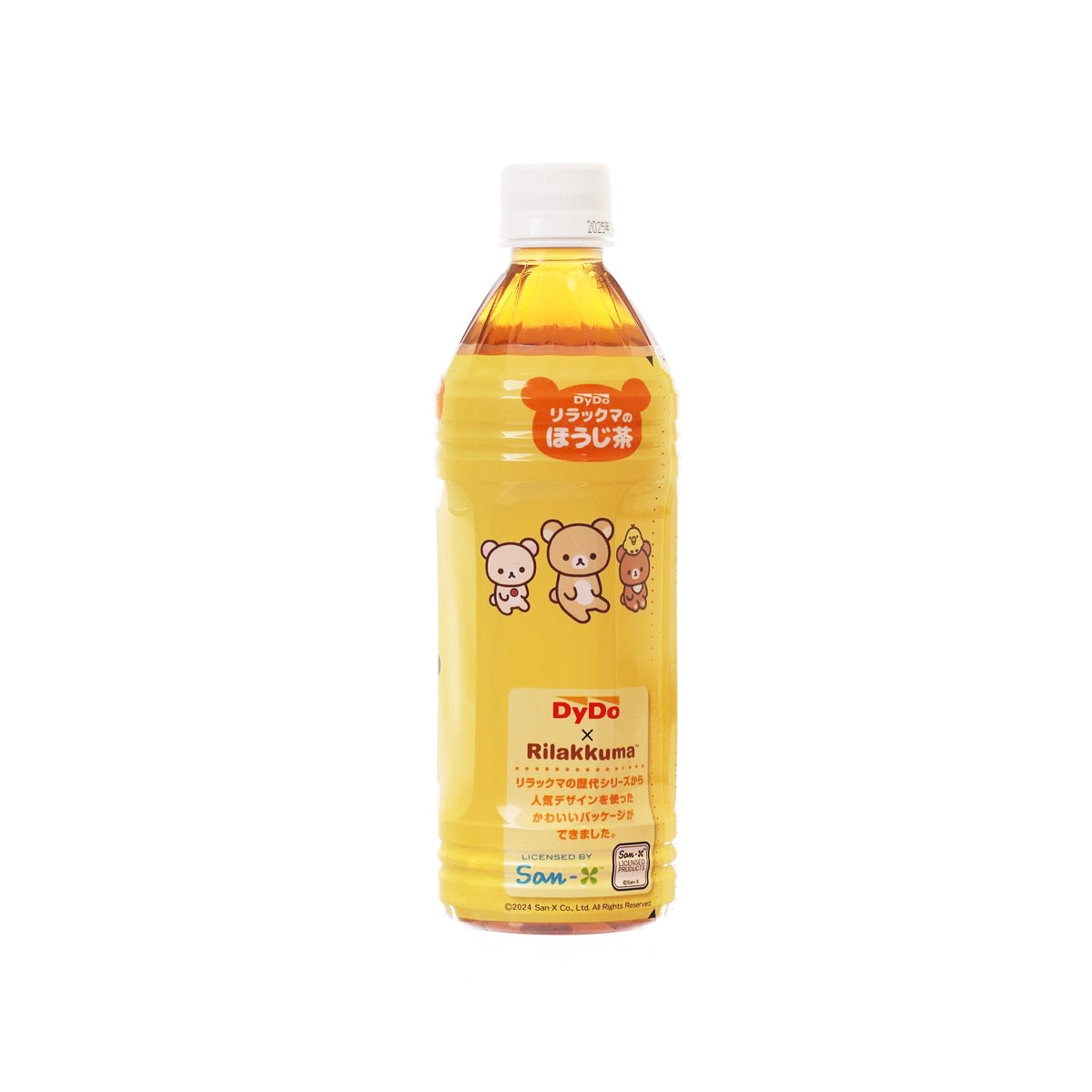 Roasted green tea bottle with Rilakkuma trio illustration, amber drink, capped