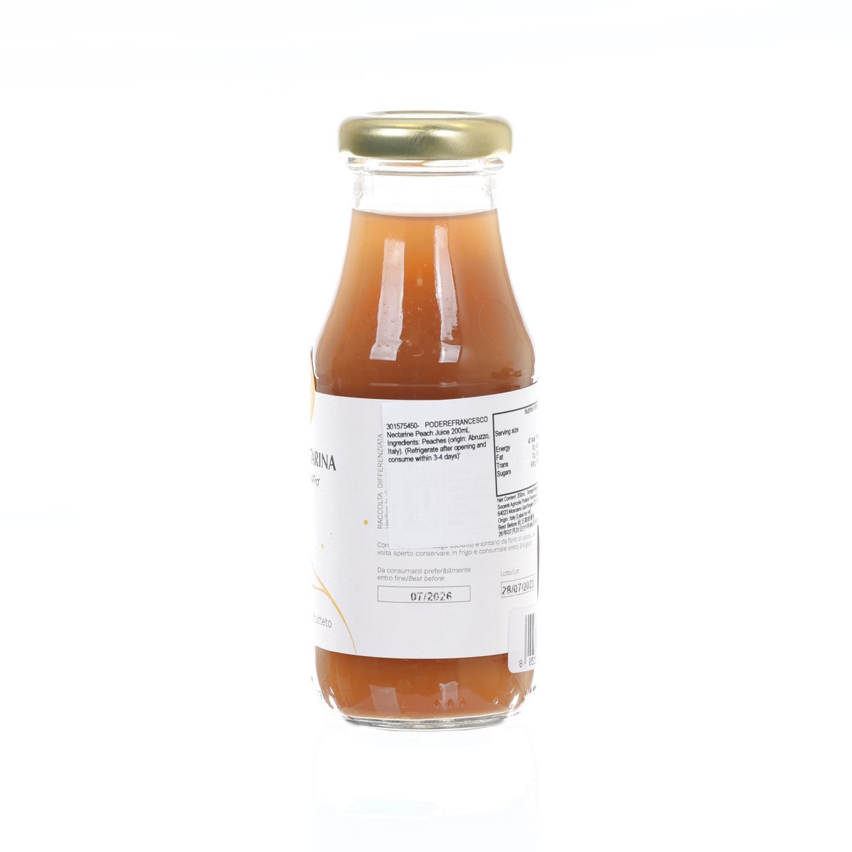 200 mL nectarine peach juice bottle viewed from back with barcode label