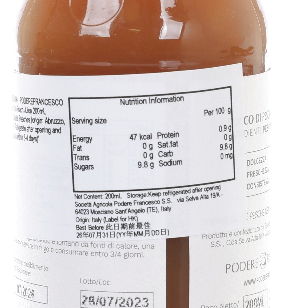 Nectarine peach juice nutrition information label on 200 mL bottle