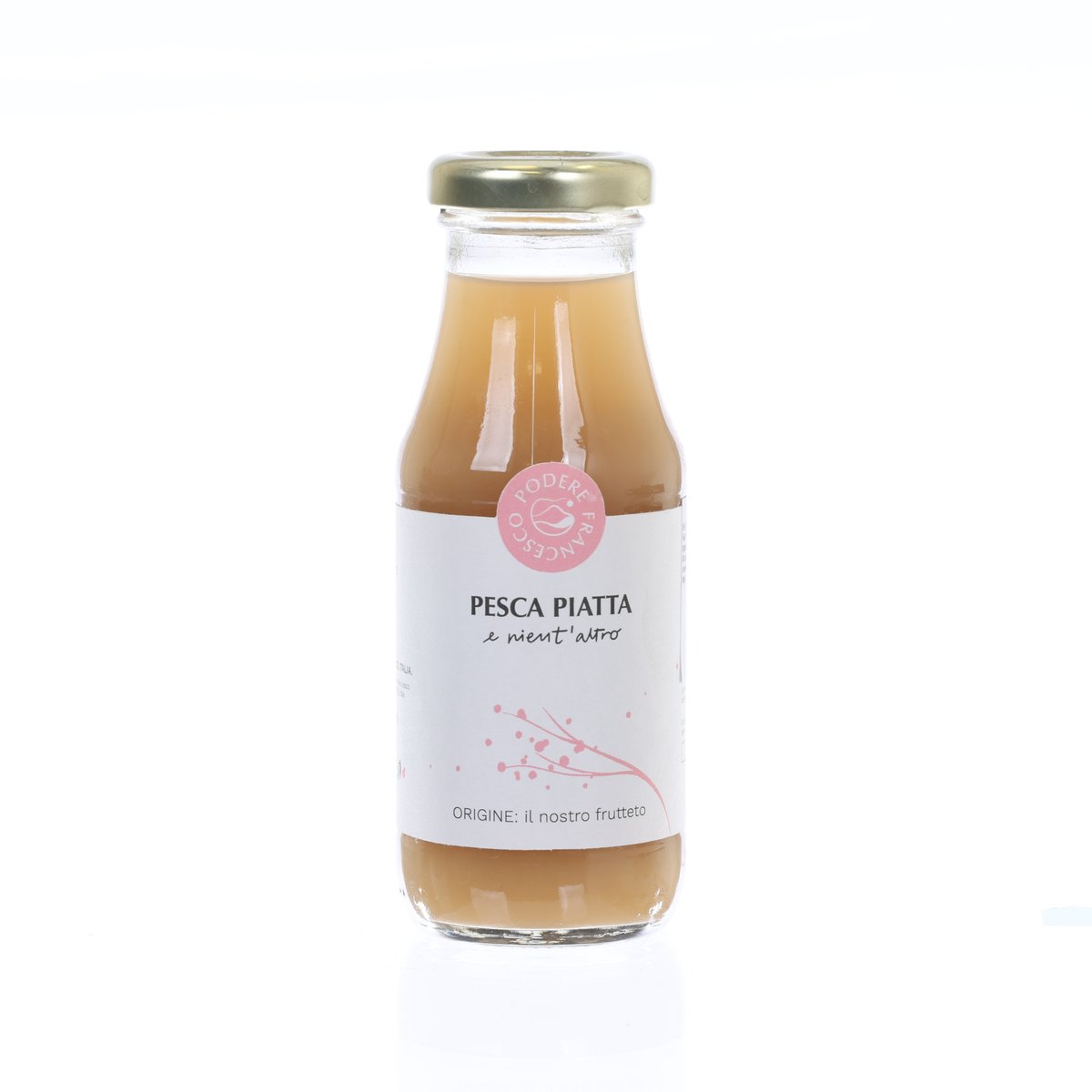 Bottled peach juice glass bottle with gold cap, front label, 200 mL