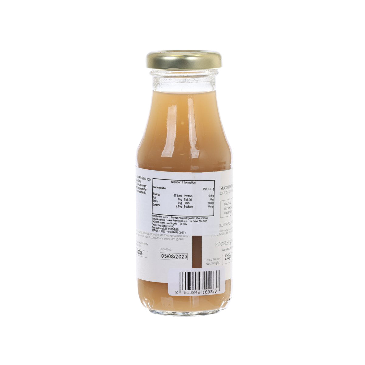 Bottled peach juice glass bottle with gold cap, back label text and barcode