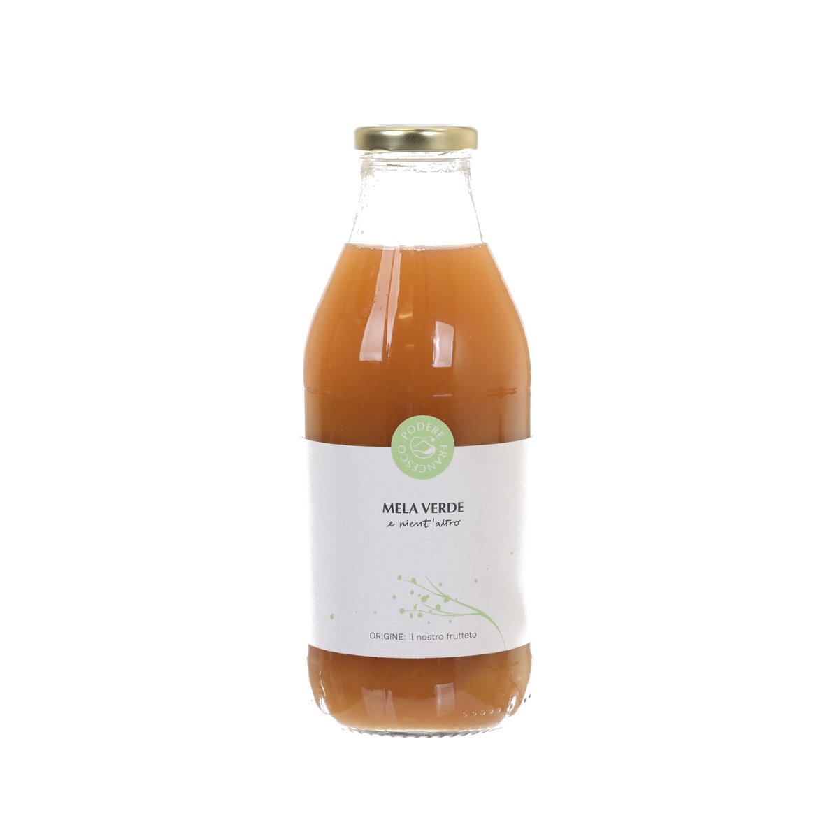 Glass bottle green apple juice, amber liquid, gold cap, white label with leaf logo.
