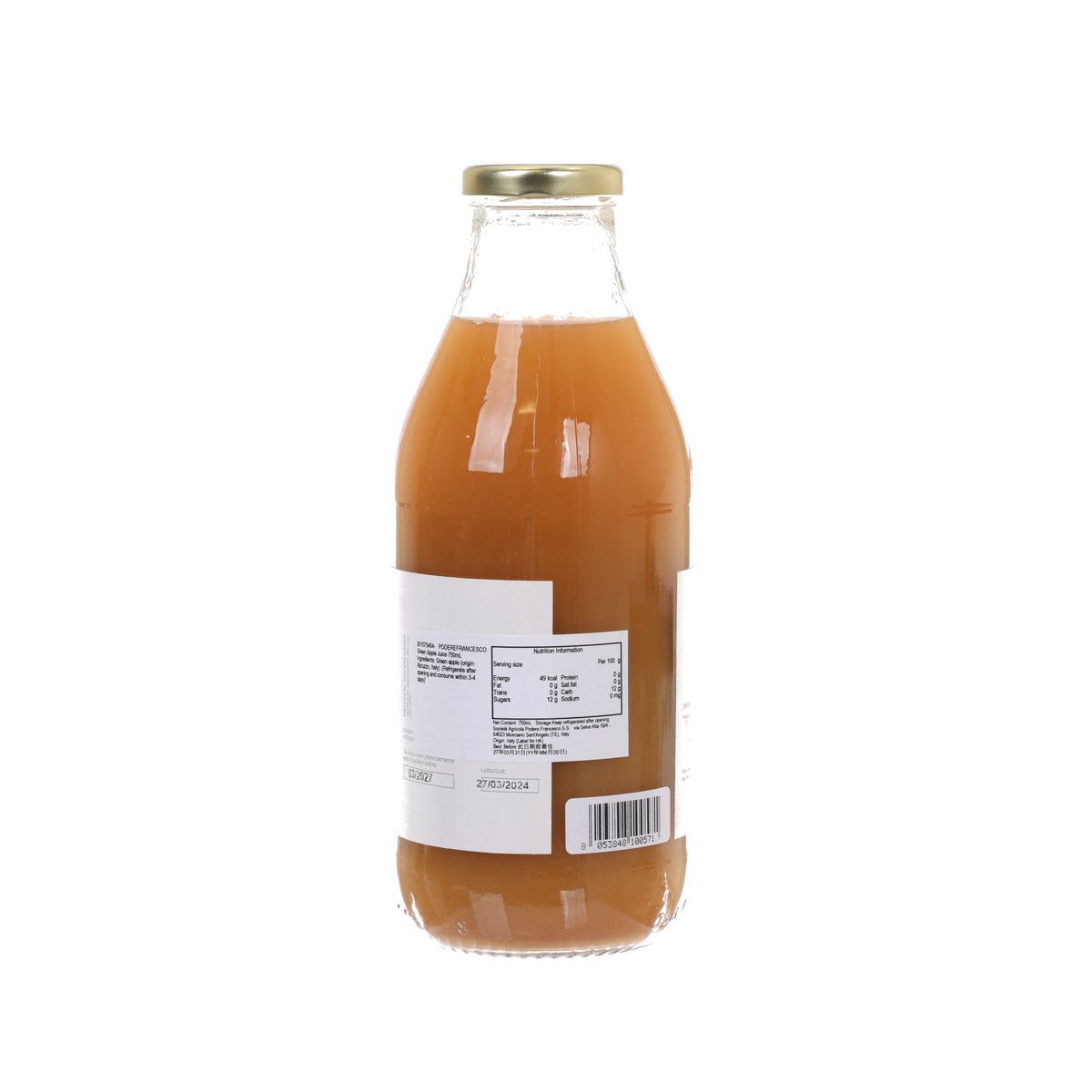Glass bottle green apple juice, amber liquid, gold cap, white back label with barcode.