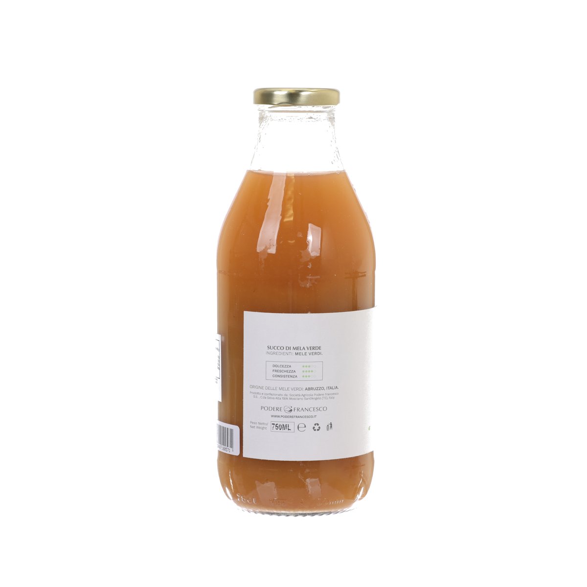 Glass bottle green apple juice, amber liquid, gold cap, white label with nutrition text.