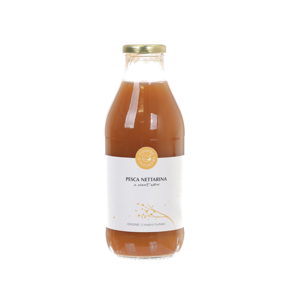 Nectarine peach juice in 750 mL glass bottle with gold cap and front label