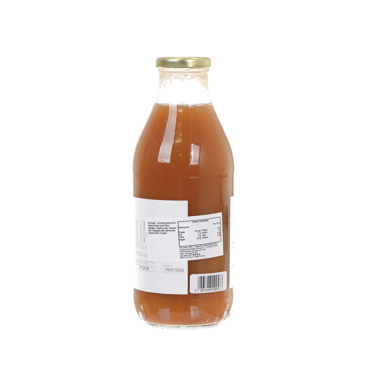 Nectarine peach juice in 750 mL glass bottle with back label and gold cap