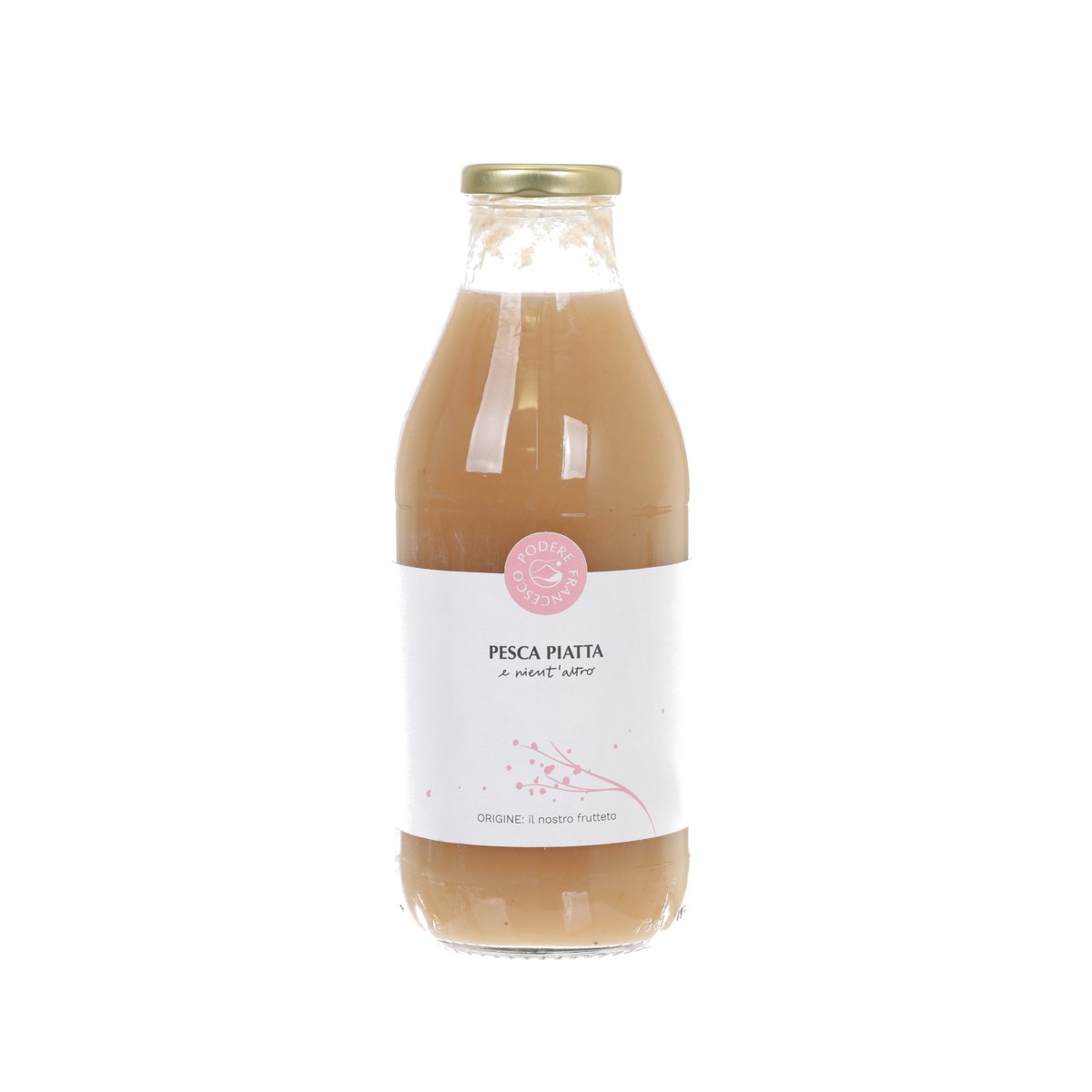 Flat peach juice bottle, 750 mL, gold cap, amber peach drink