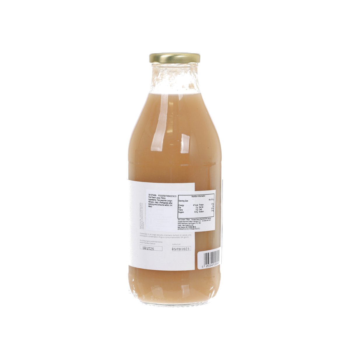 Flat peach juice bottle, 750 mL, rear label, gold cap, amber drink