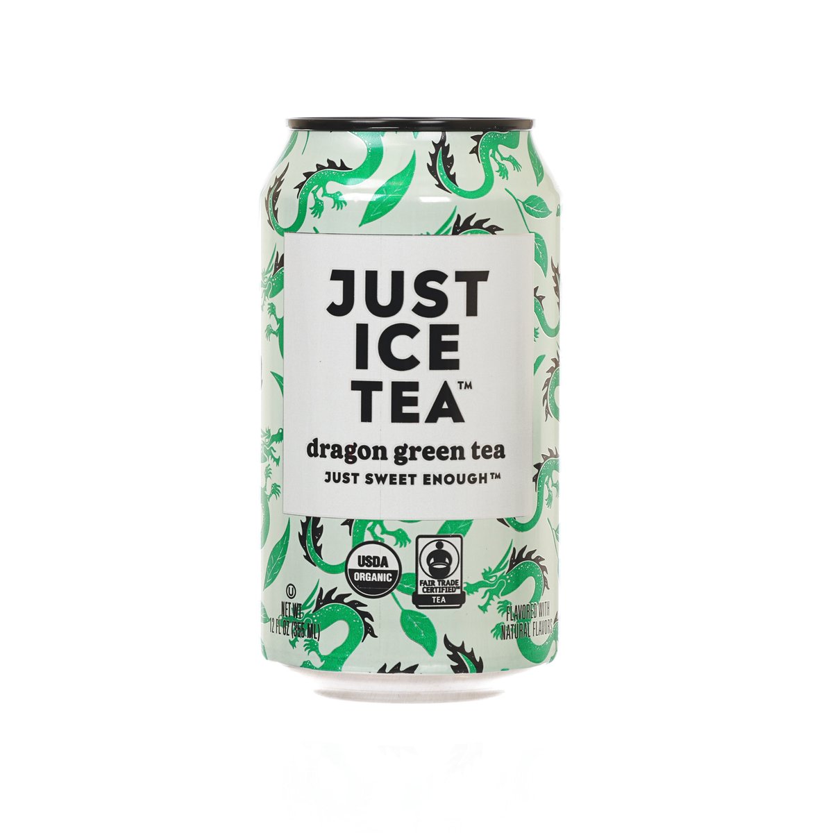 Green tea can with dragon label and 'JUST ICE TEA' text