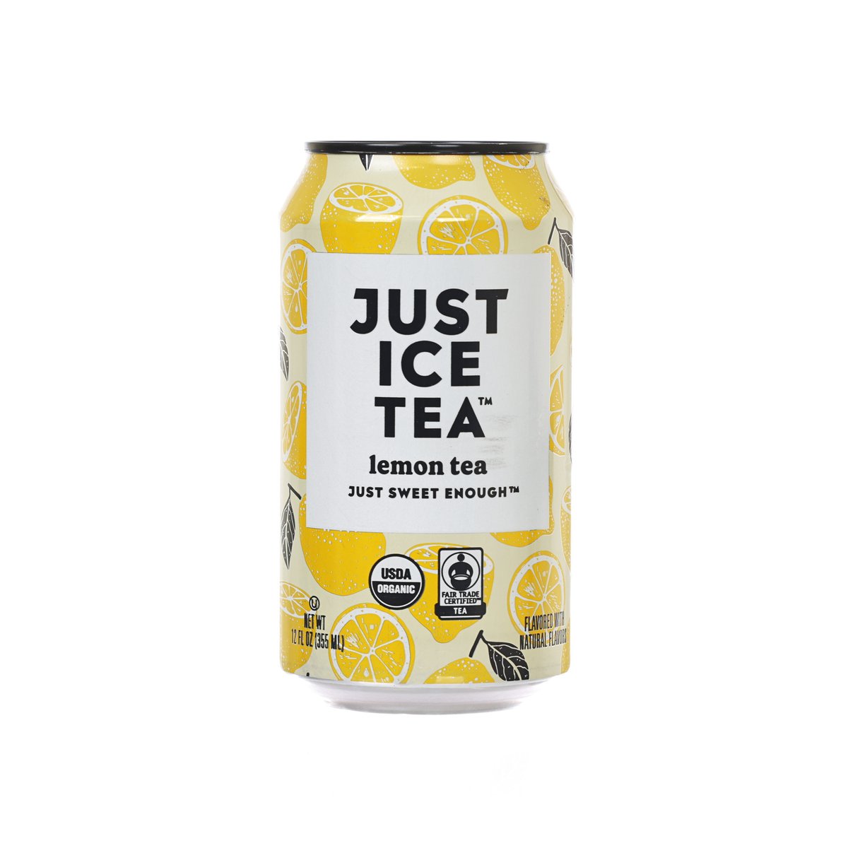 Organic lemon iced tea can with JUST ICE TEA front label, 355 mL