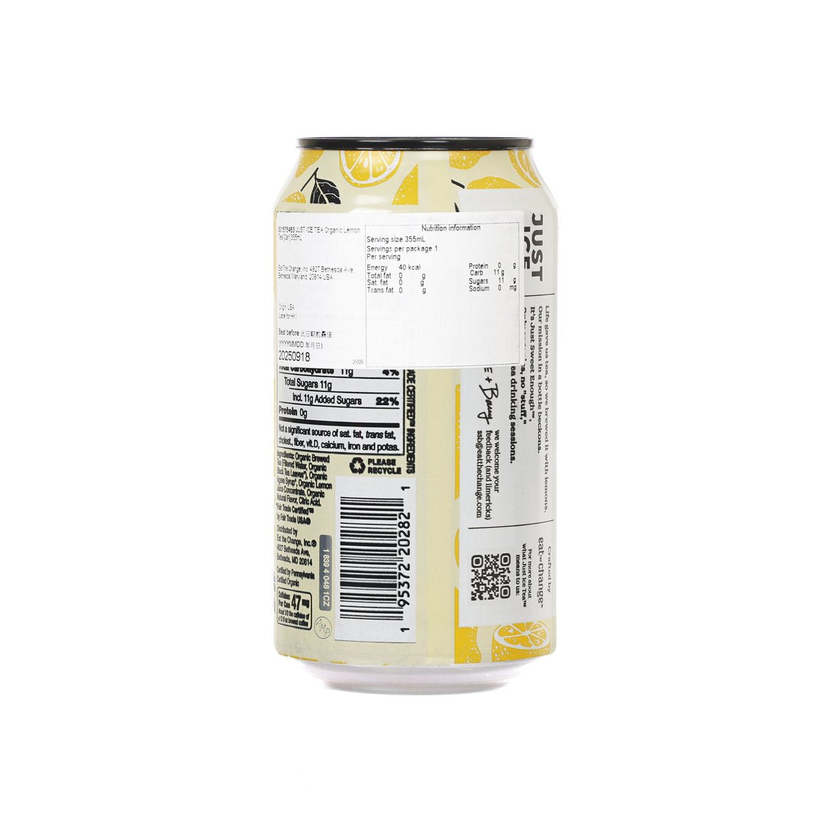 Organic lemon iced tea can back label with ingredients and barcode, 355 mL