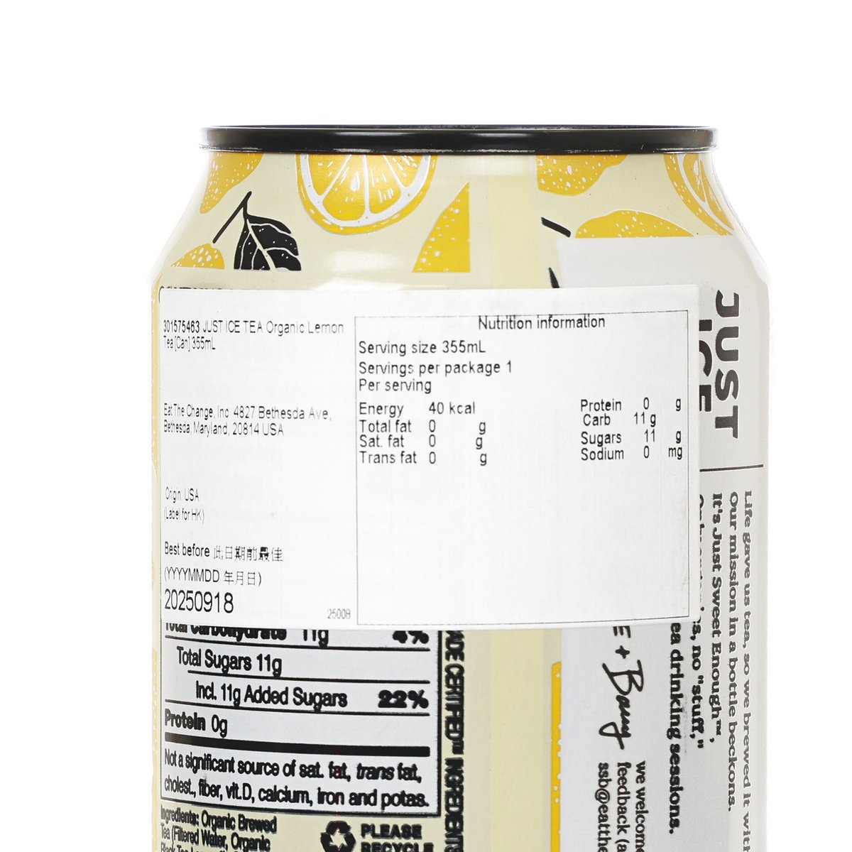 Organic lemon iced tea can nutrition facts panel, close-up, 355 mL