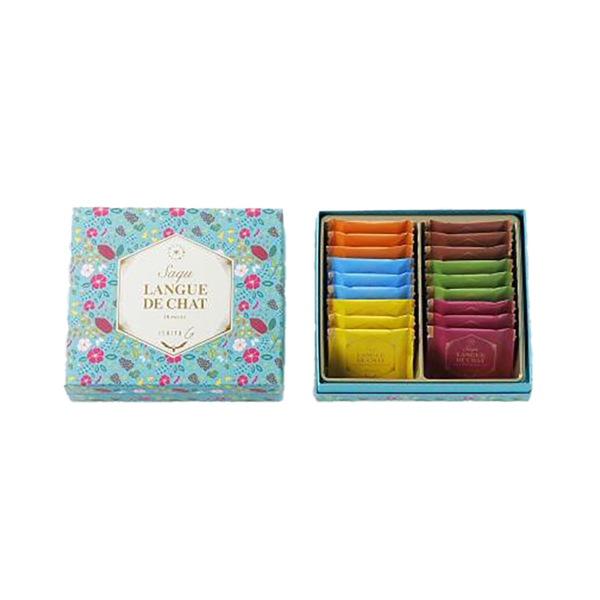 Assorted sandwich cookie gift box with patterned lid; open tray shows colorful cookie bars
