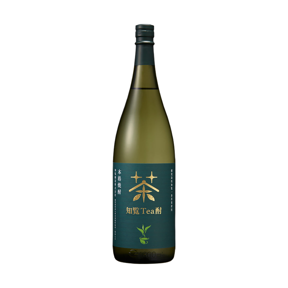 Dark green shochu bottle with blue label, gold stars, and green tea leaf graphic
