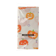 Halloween paper tablecover, white with orange pumpkin faces and purple star accents