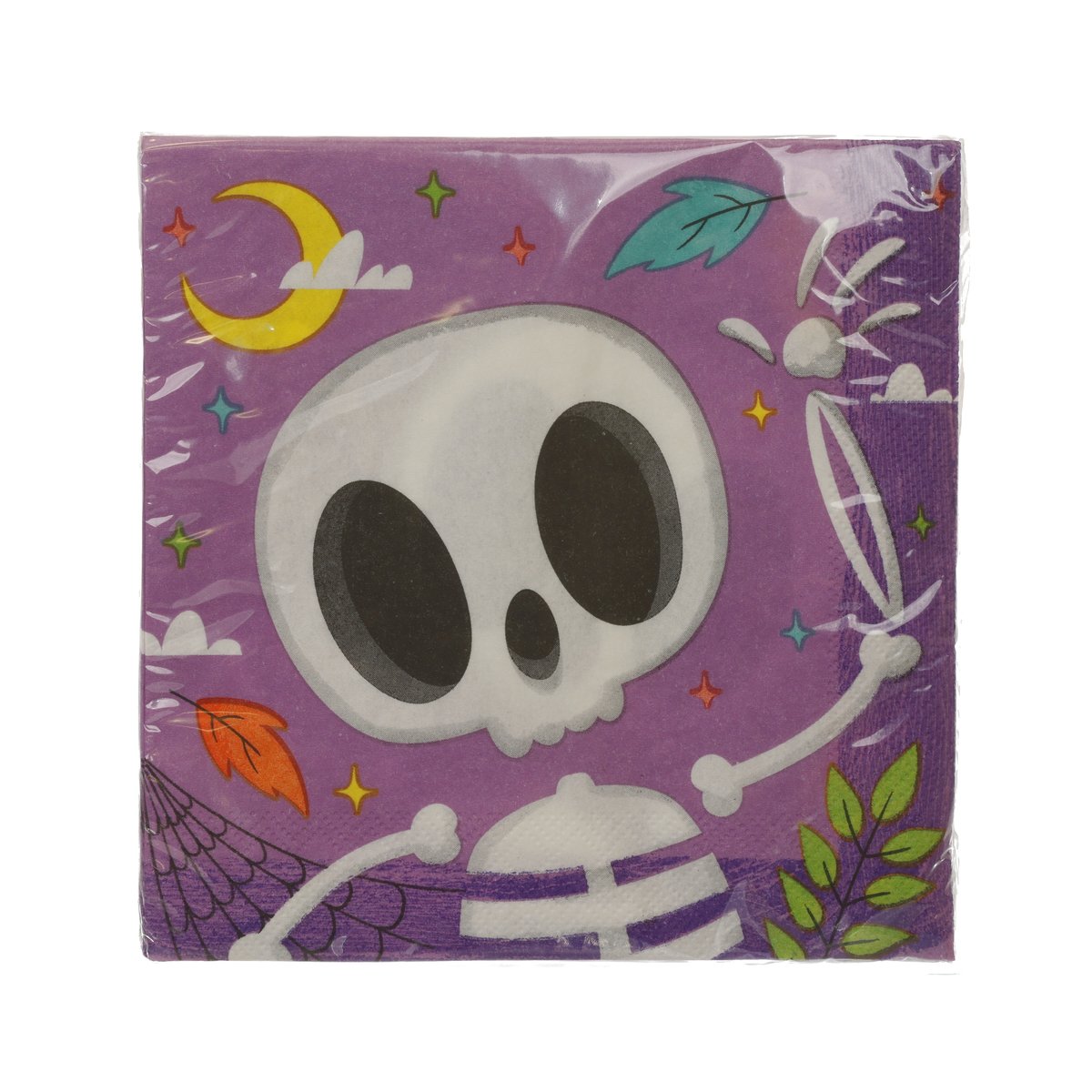 Halloween luncheon napkin with cartoon skeleton face on purple background