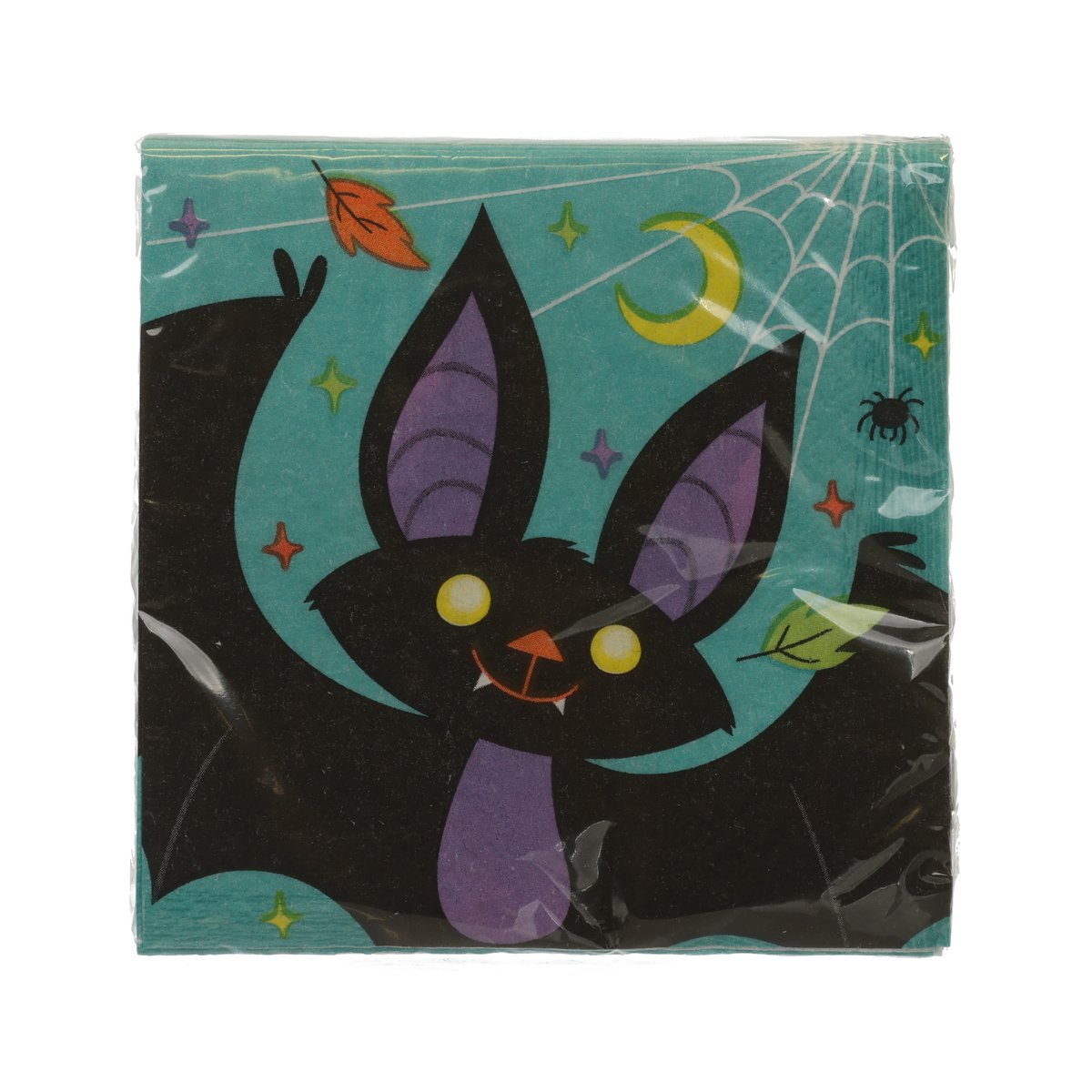 Halloween bat beverage napkin in teal and black with moon, web, and spider graphics
