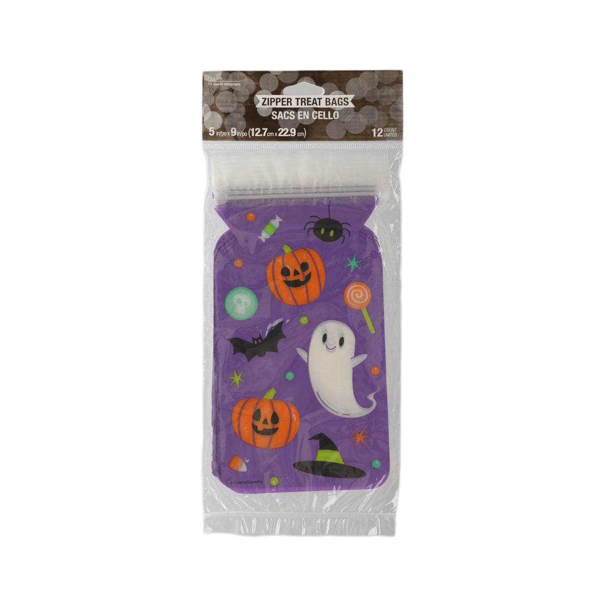 Purple Halloween zipper treat bag with ghost, pumpkins, bats and witch hat