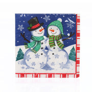 Christmas luncheon napkin featuring two snowmen with green scarves and winter icons