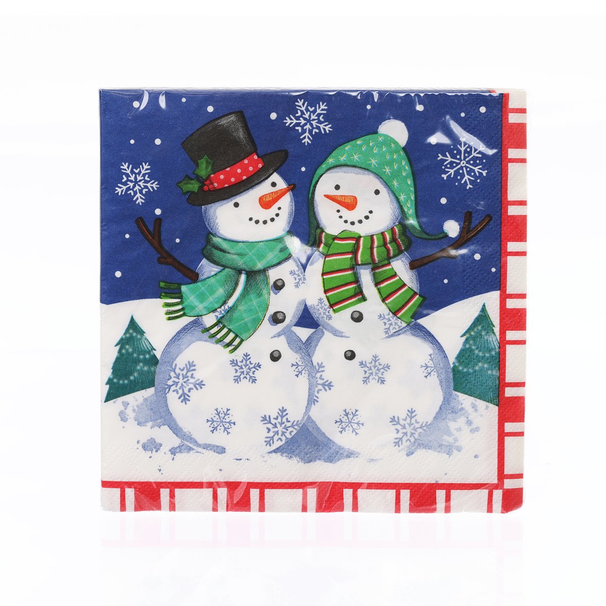Christmas luncheon napkin featuring two snowmen with green scarves and winter icons
