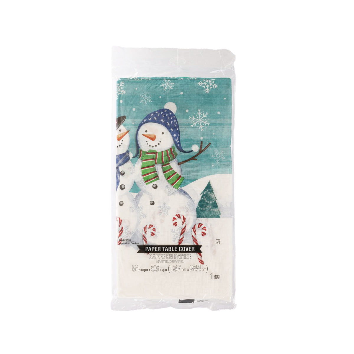 Snowman Xmas paper table cover, packaged, teal panel with smiling snowman and scarf