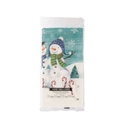 Snowman Xmas paper table cover, packaged, teal panel with smiling snowman and scarf