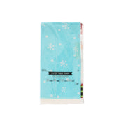 Blue paper table cover with white snowflake pattern, folded in package