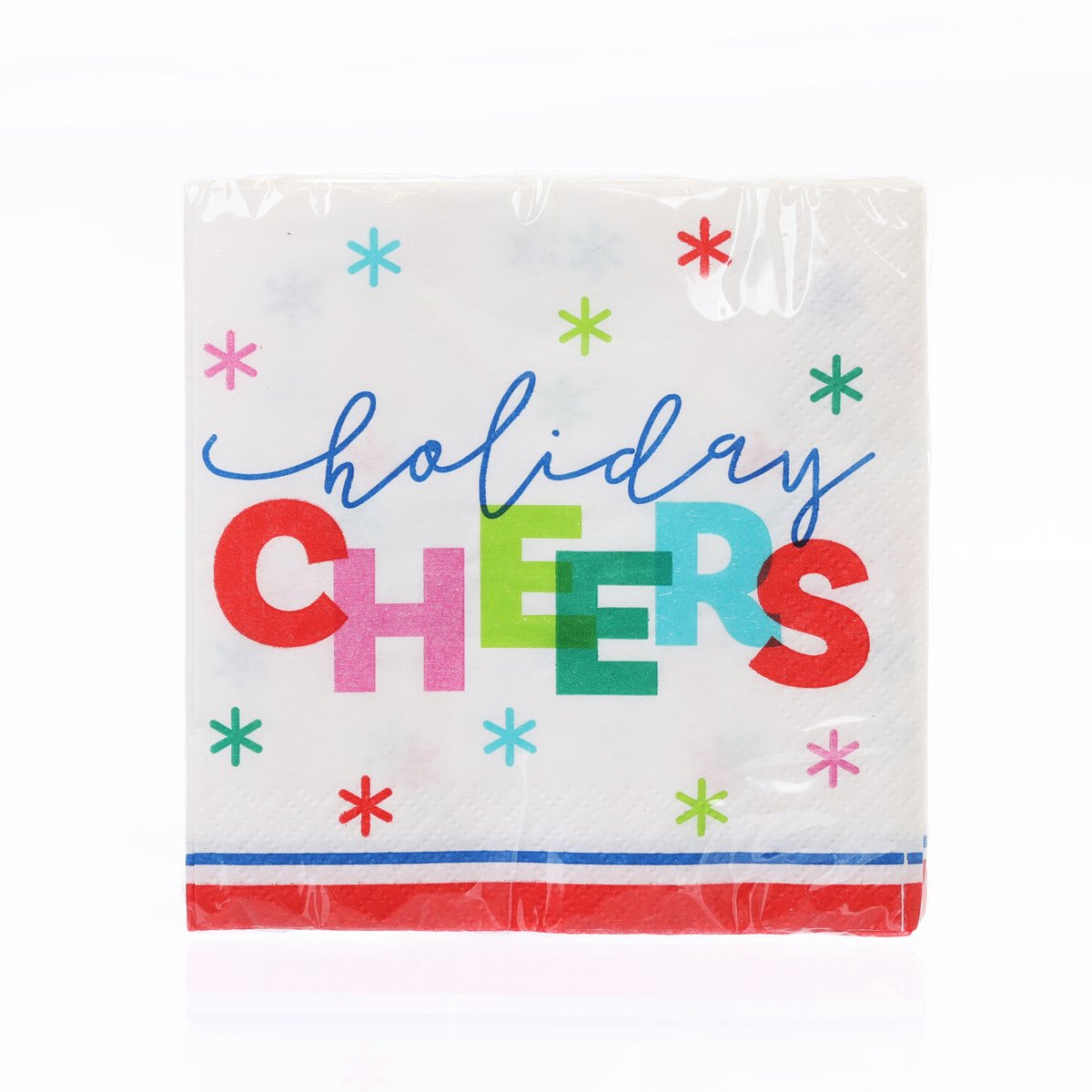 Holiday beverage napkin, white with colorful “Holiday Cheers” text and snowflake icons (16 pcs)