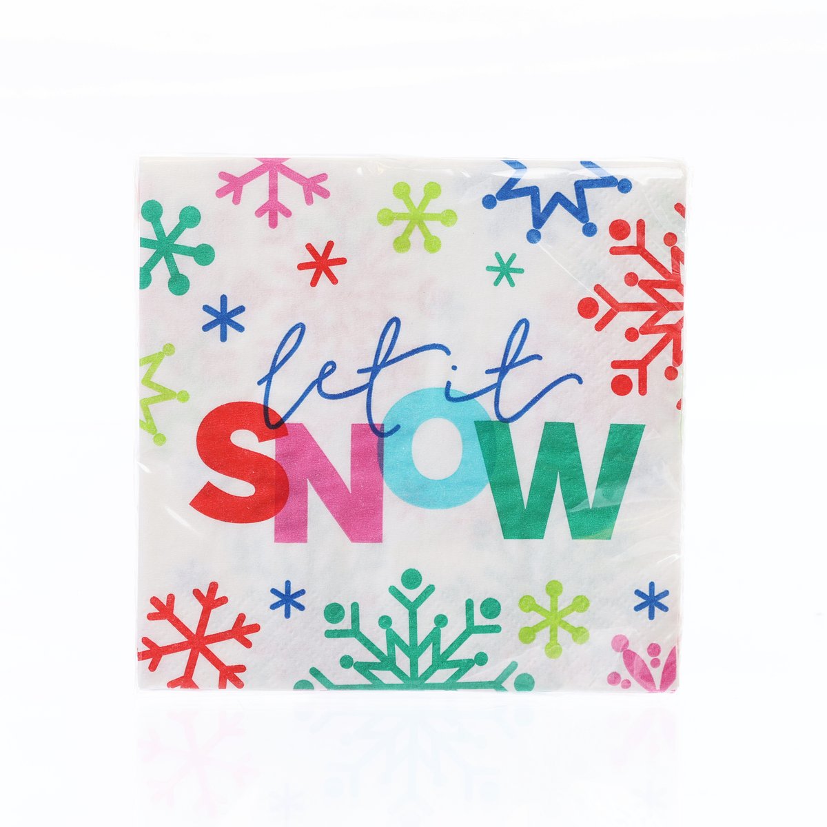 Christmas beverage napkin with “Let it snow” text and colorful snowflake pattern
