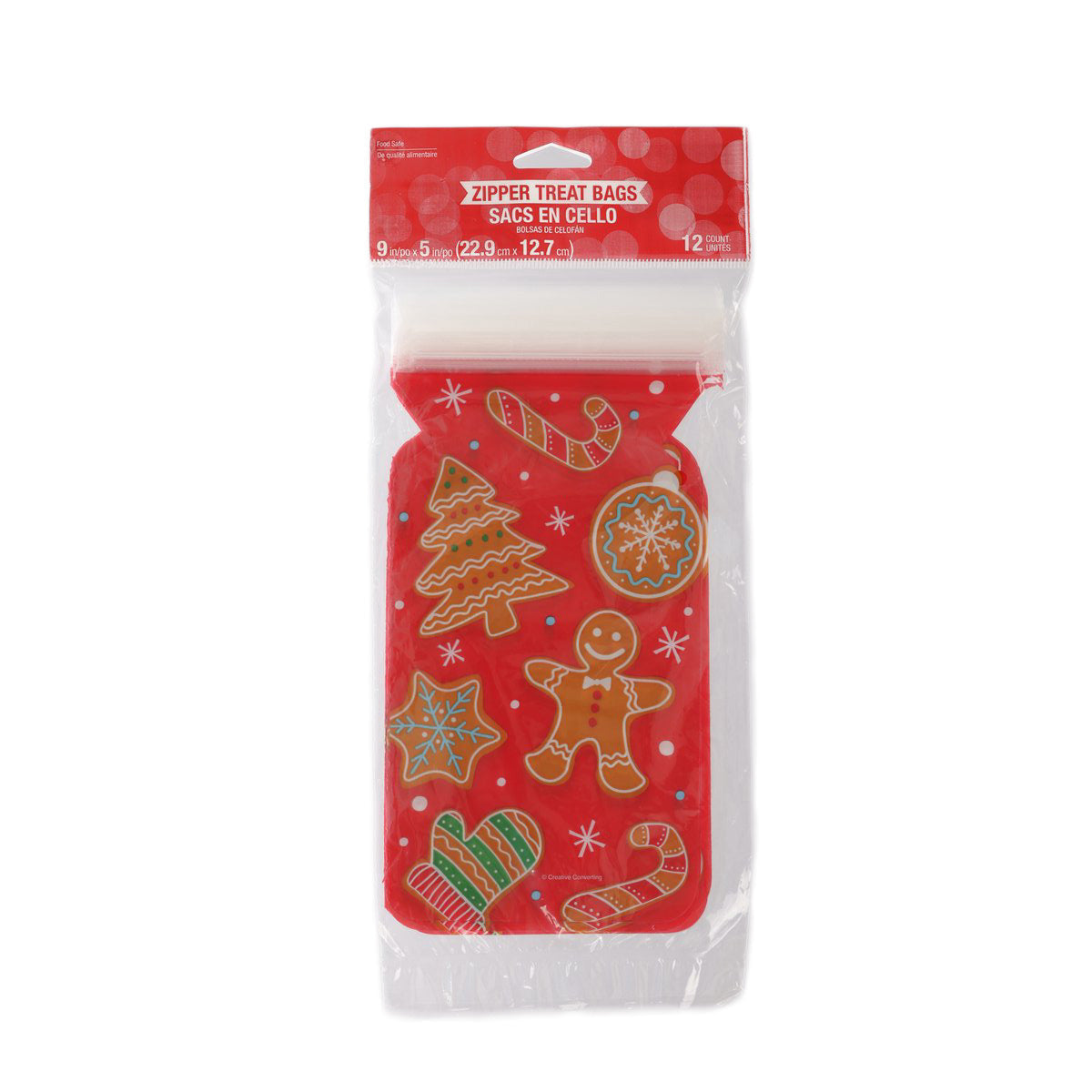 Christmas cello zip treat bag with red gingerbread cookie pattern, clear front