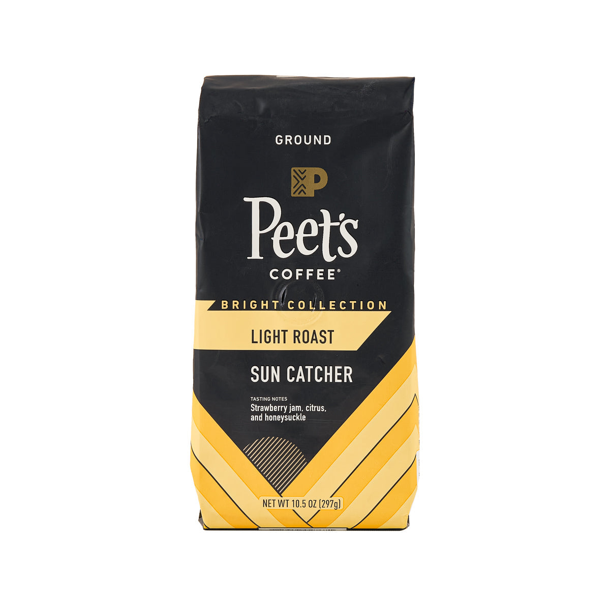 Ground coffee bag, light roast, Sun Catcher label, black and yellow design