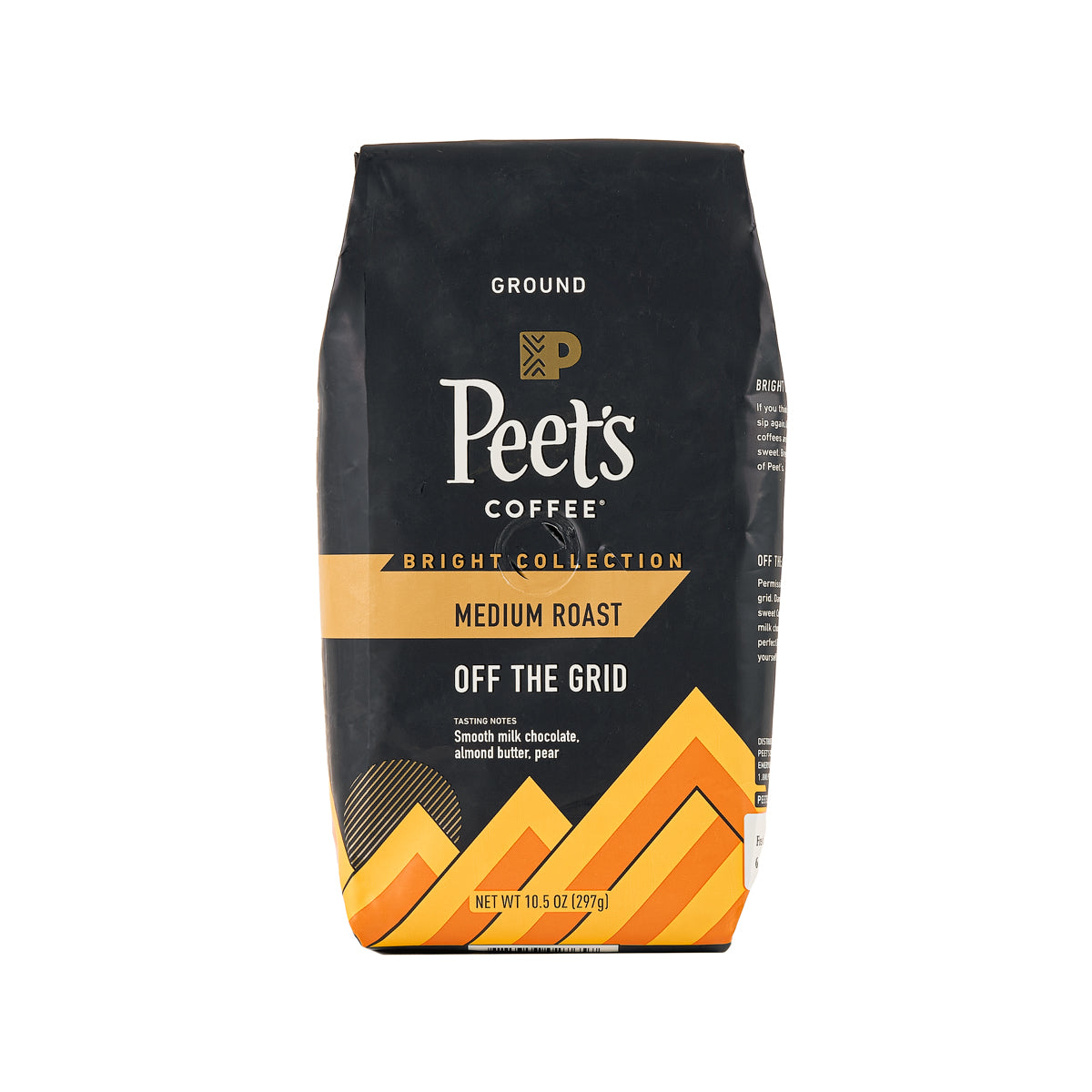Medium roast ground coffee bag, black with yellow orange graphics and PEET'S branding