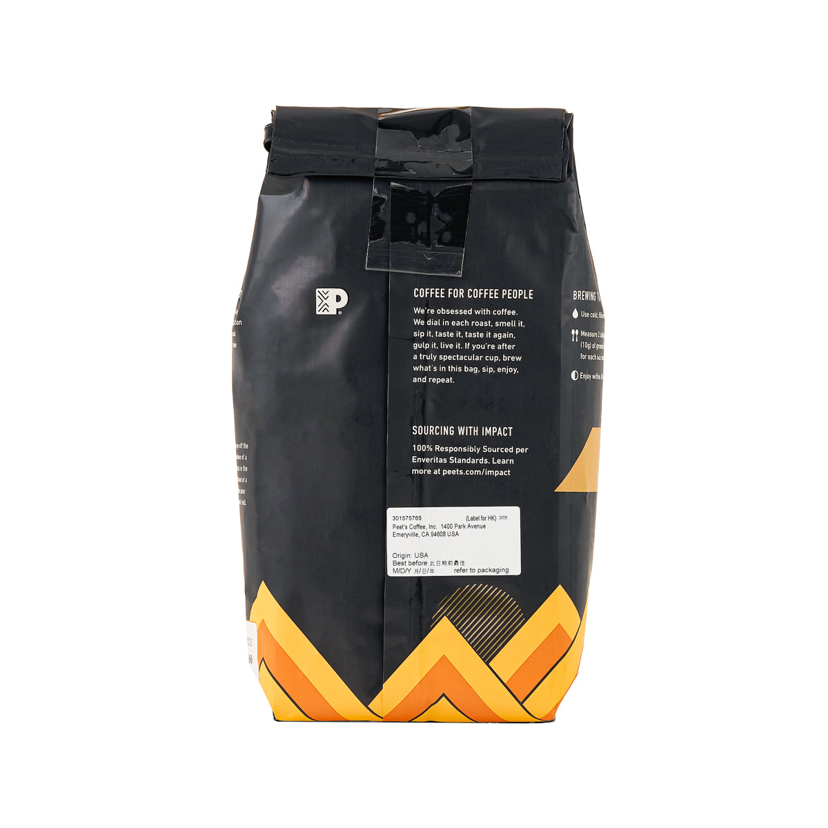 Ground coffee bag back panel, black with yellow orange graphic and product information