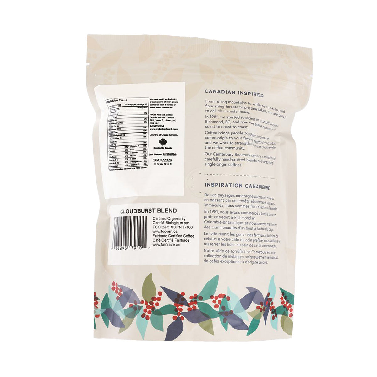 Cloudburst blend whole bean coffee bag, back label with roast and origin info