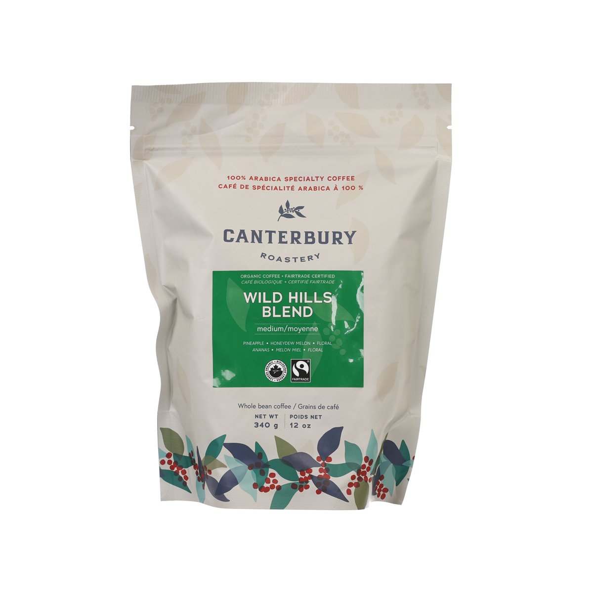 CANTERBURY Wild Hills Blend whole bean coffee bag, medium roast, 340 g, front
