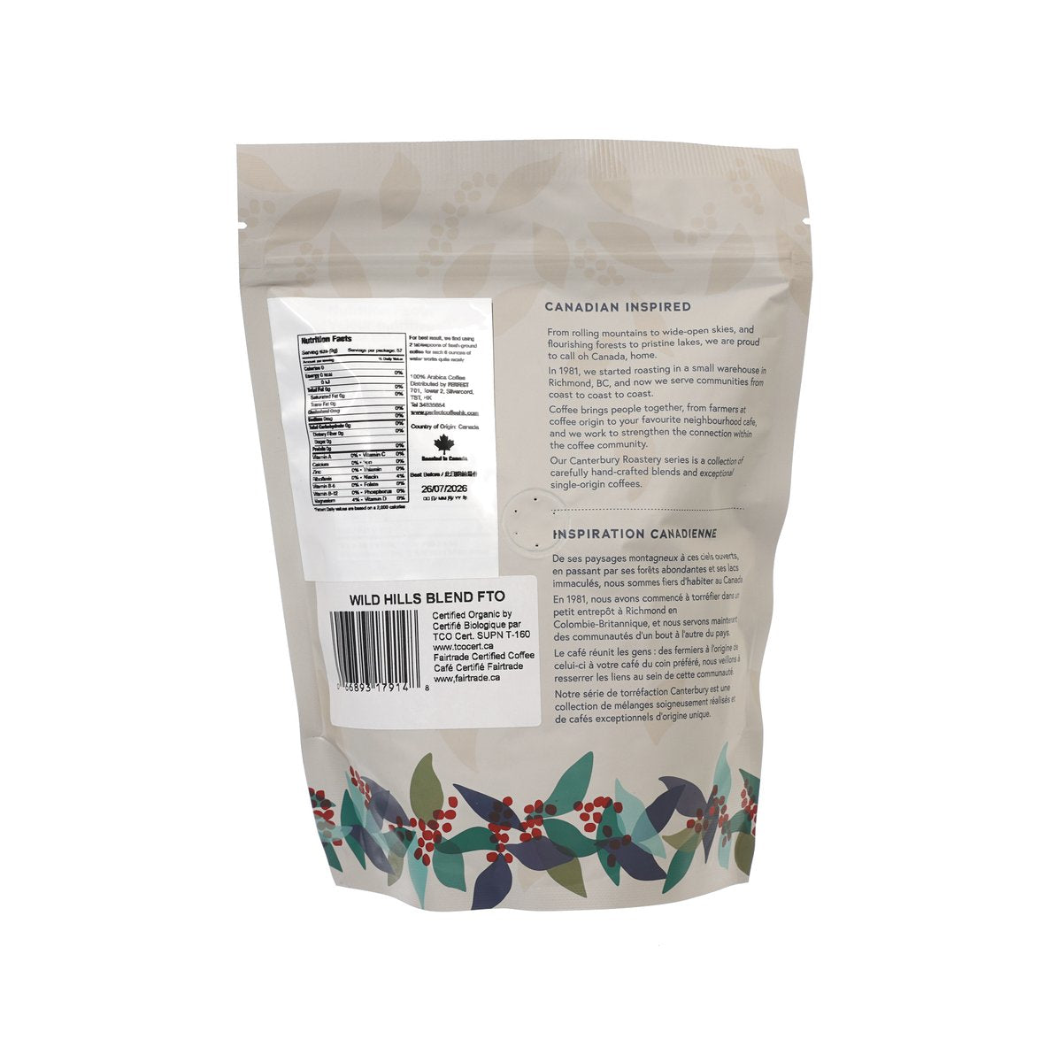 CANTERBURY Wild Hills Blend whole bean coffee bag, back label with brewing info