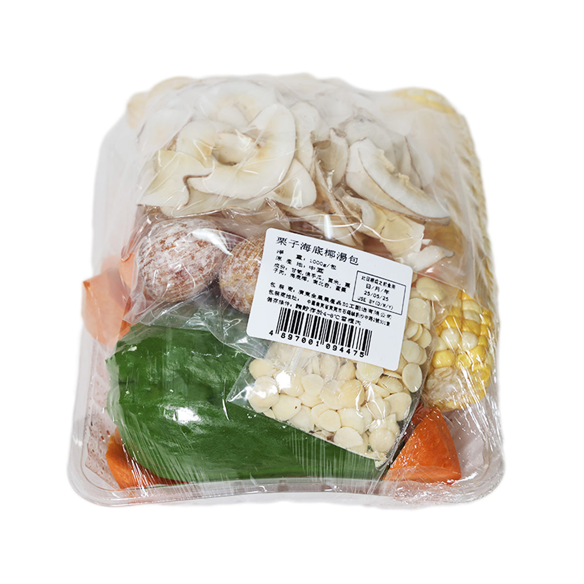 Plastic-wrapped chestnut and sea coconut soup pack with mixed ingredients, 1000 g