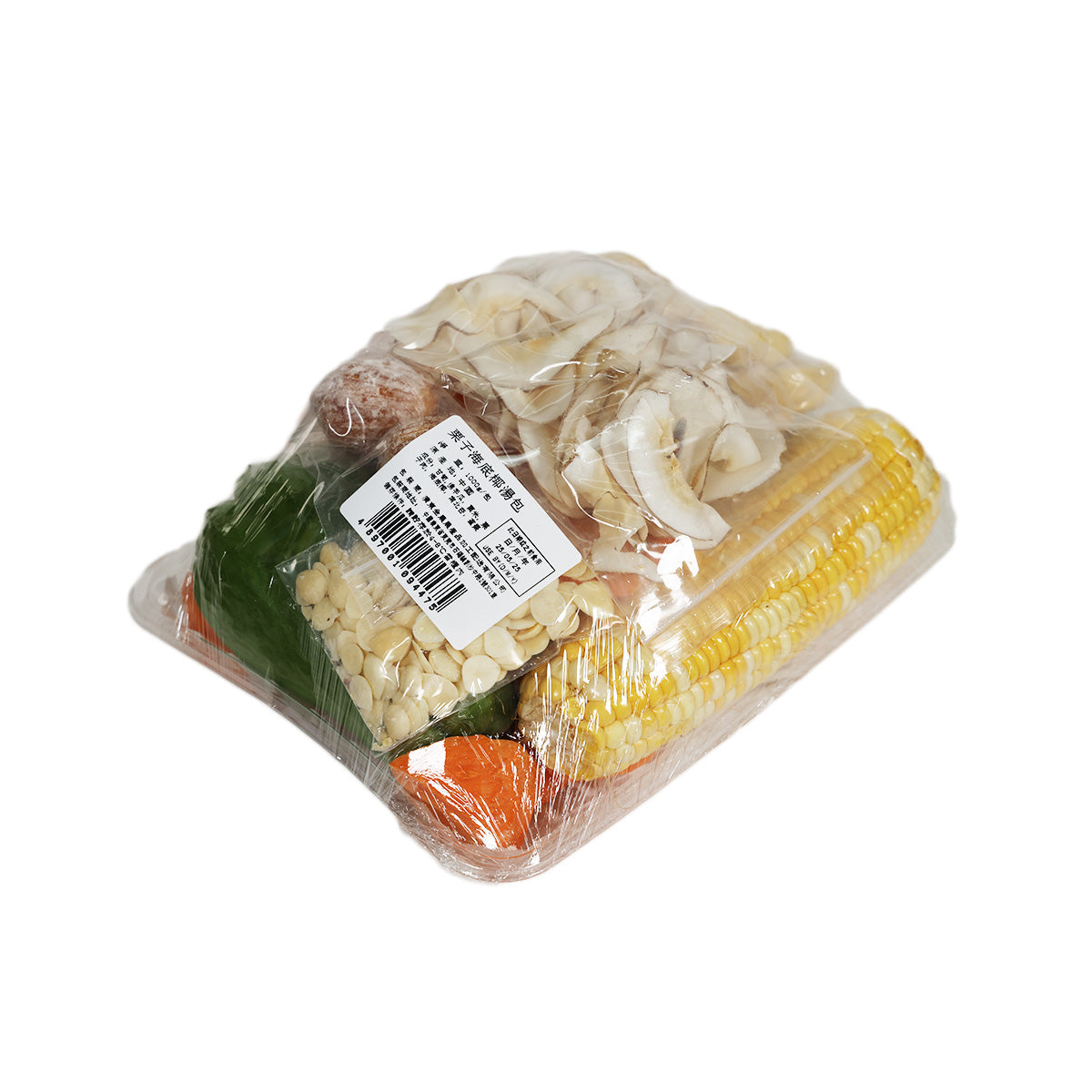 Plastic-wrapped soup ingredient pack with chestnut slices, green and orange elements, 1000 g