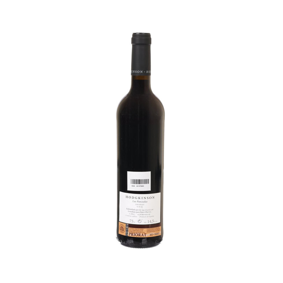 HODGKINSON Las Panzudas Priorat wine bottle, 750 mL, back label and barcode