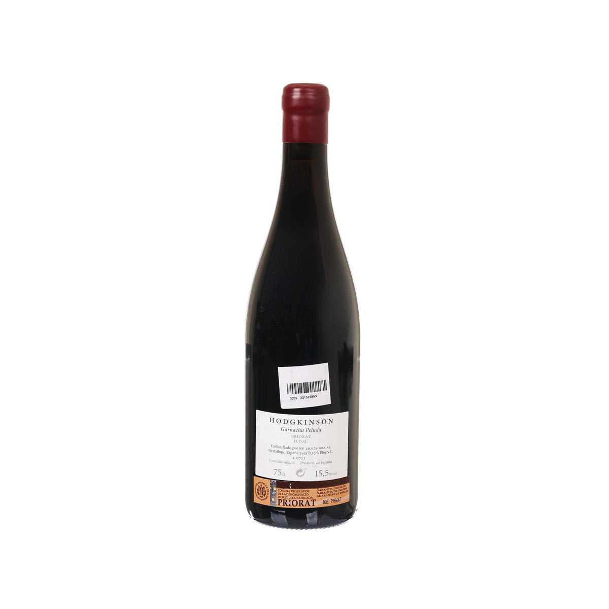 HODGKINSON Garnacha Peluda wine bottle, back label with barcode and volume markings