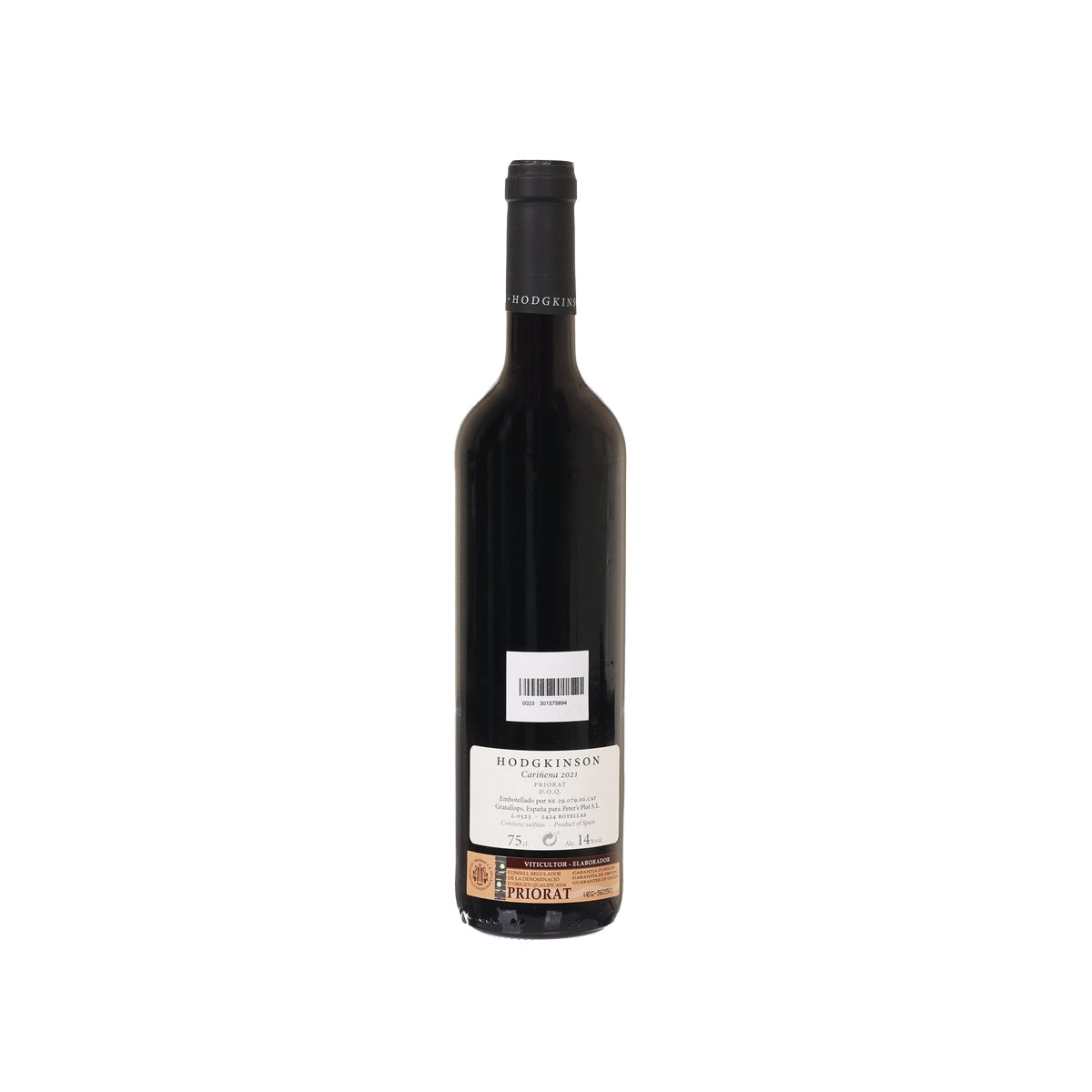 HODGKINSON Carinena 2021 wine bottle back view with barcode label, dark glass
